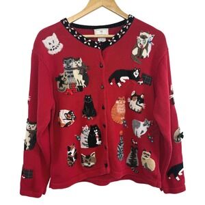 Vintage 1999 Susan Bristol Cat Cardigan Sweater L Red Hand Embroidered Kitschy